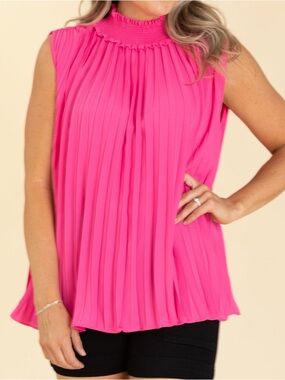 Haptics Pleated Mock Neck Sleeveless Hot Pink NWOT Size Medium